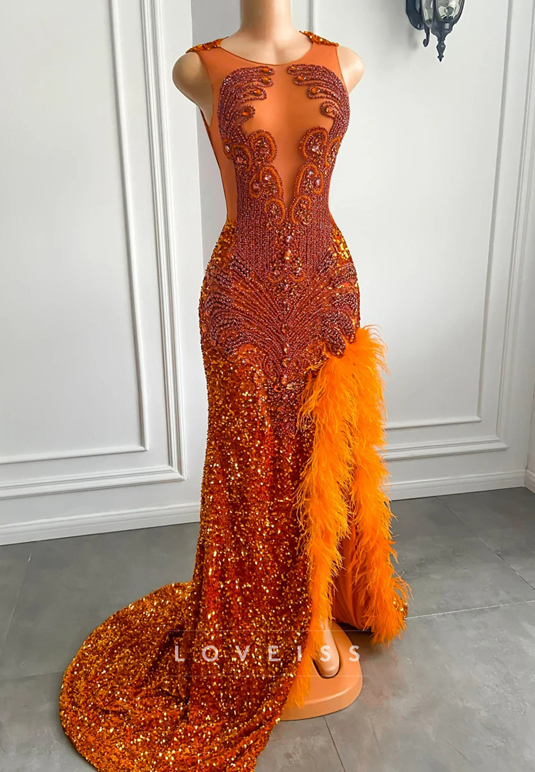 V-Neck Beaded Feathered Sequins Sheath Prom Dress for Black Girls