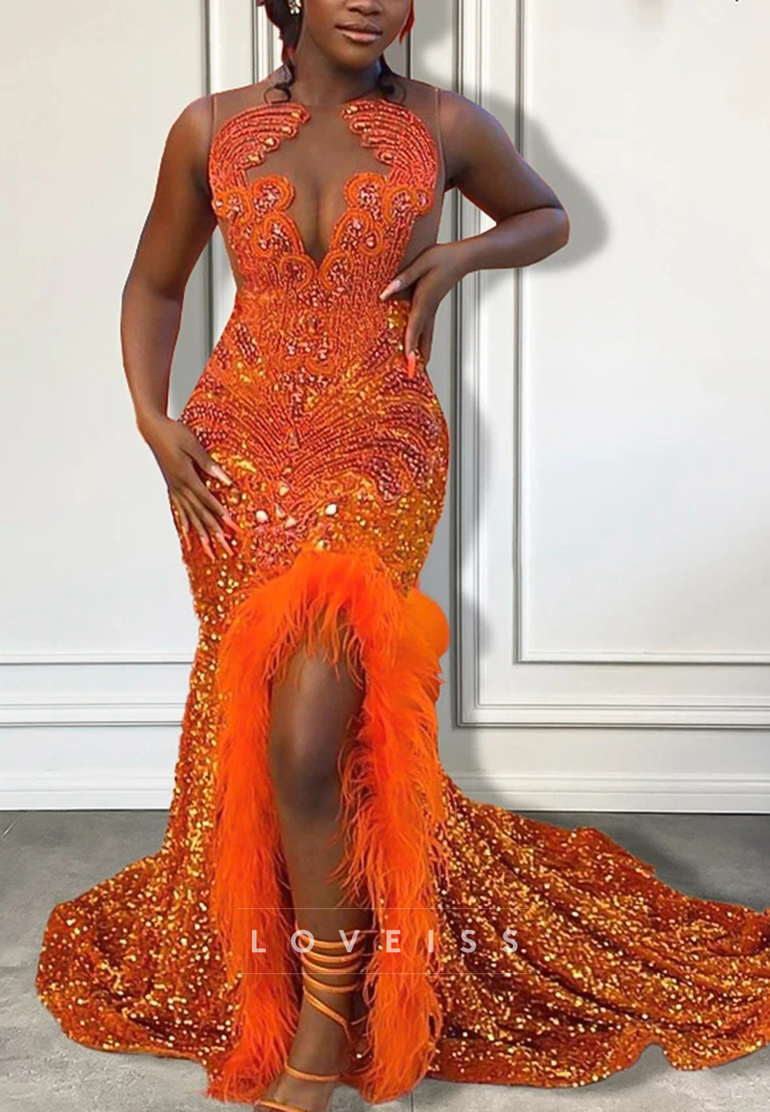 V-Neck Beaded Feathered Sequins Sheath Prom Dress for Black Girls