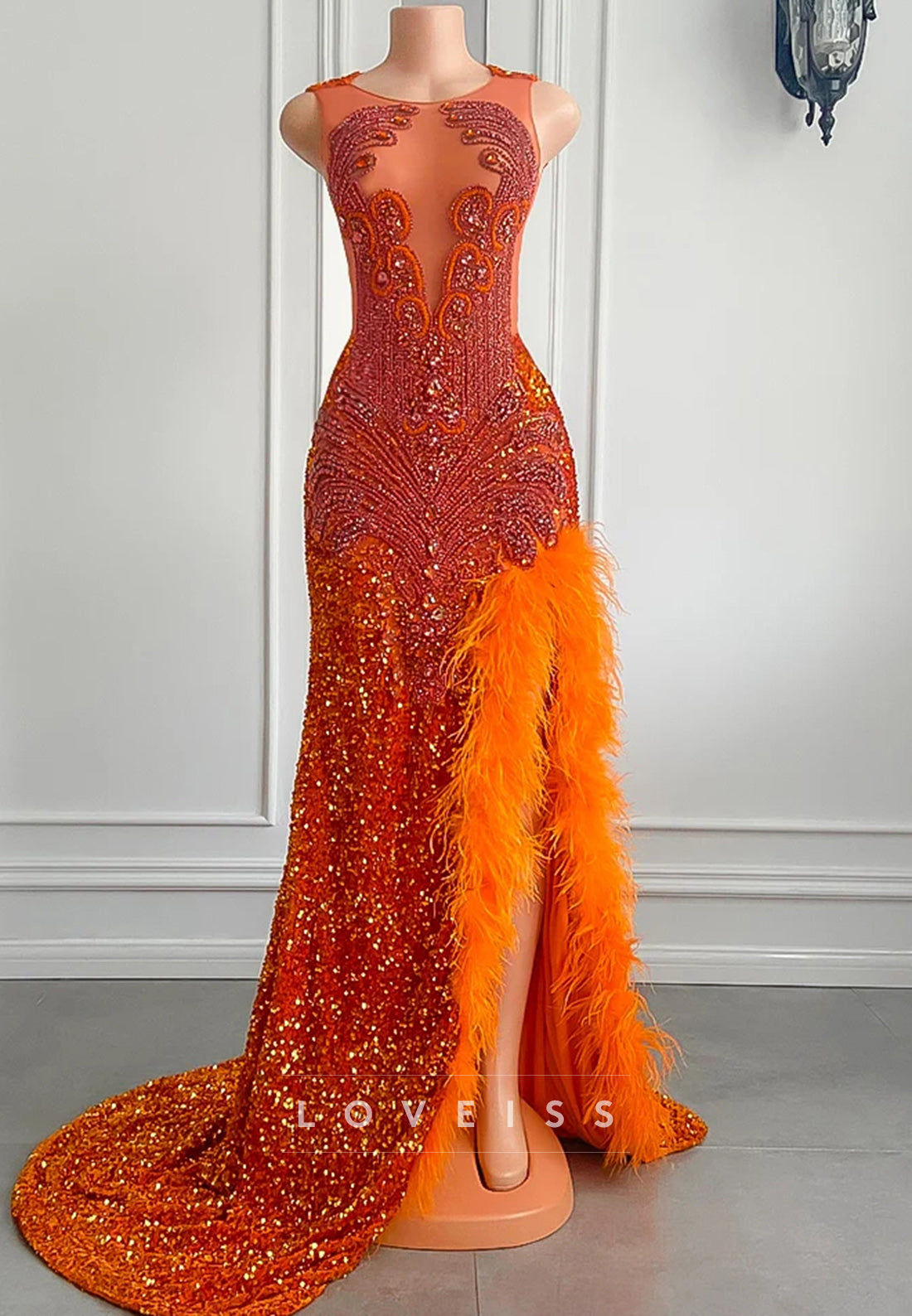 V-Neck Beaded Feathered Sequins Sheath Prom Dress for Black Girls