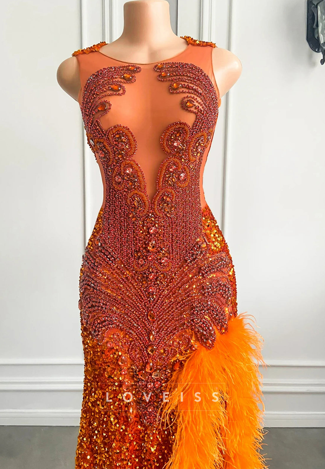 V-Neck Beaded Feathered Sequins Sheath Prom Dress for Black Girls