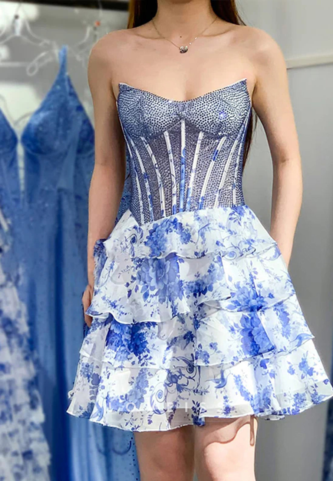 V-Neck Beaded Floral Printed A-Line Homecoming Dress