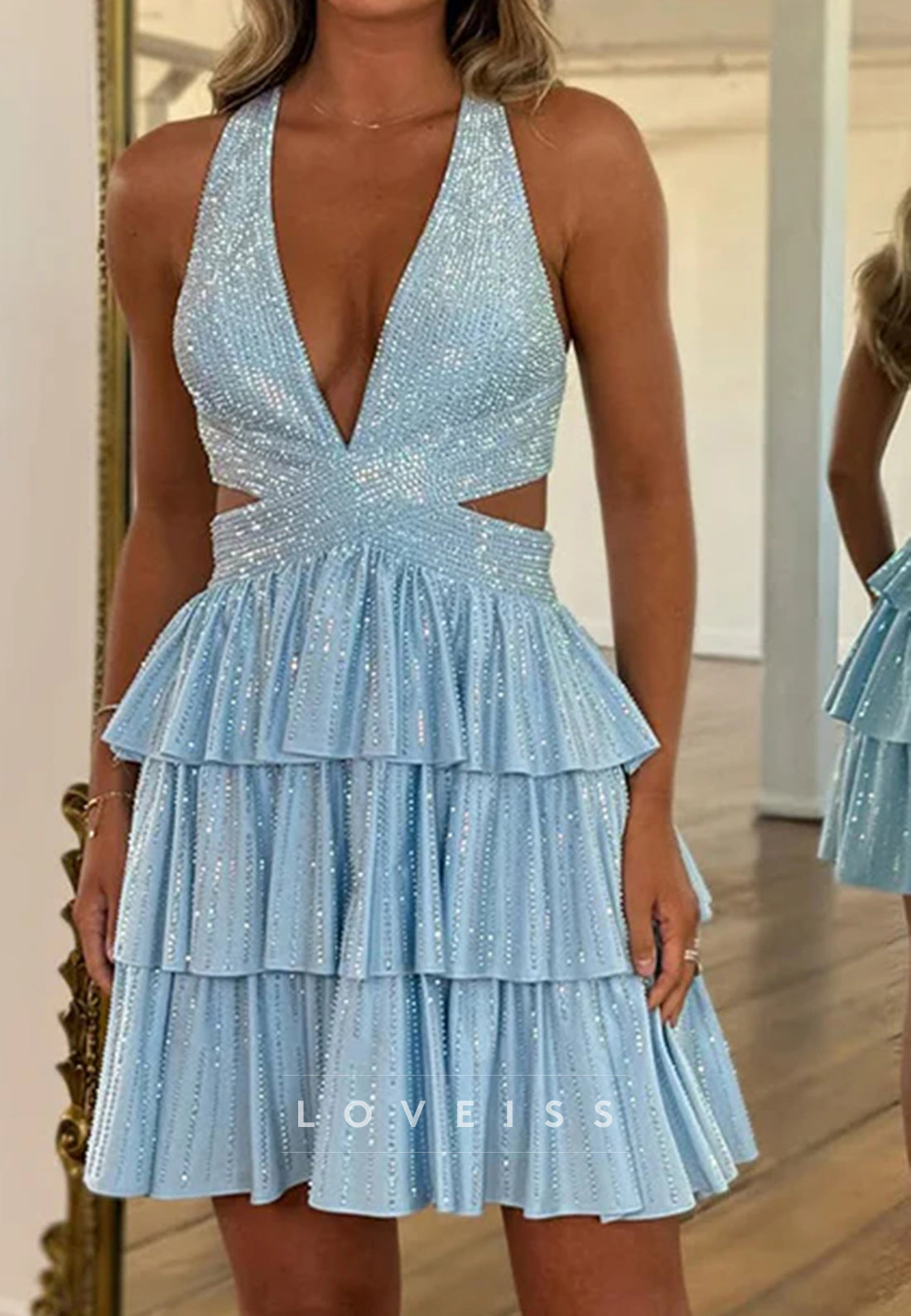 V-Neck Beaded Tiered A-Line Short Homecoming Dress