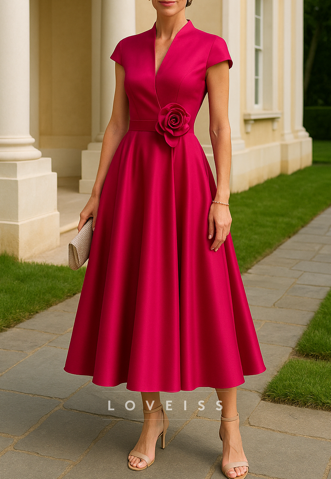 V-Neck Cap Sleeves 3D Floral Pleated A-Line Mother of Bride Dress