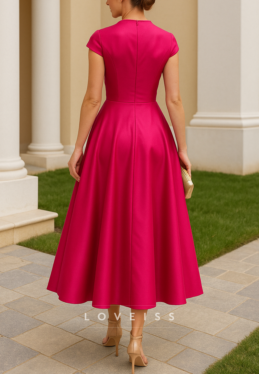 V-Neck Cap Sleeves 3D Floral Pleated A-Line Mother of Bride Dress