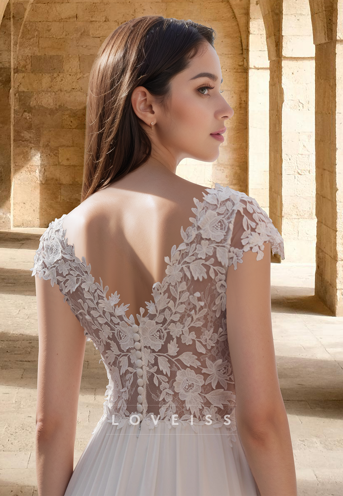 V-Neck Cap Sleeves Appliques Chiffon A-Line Beach Wedding Dress