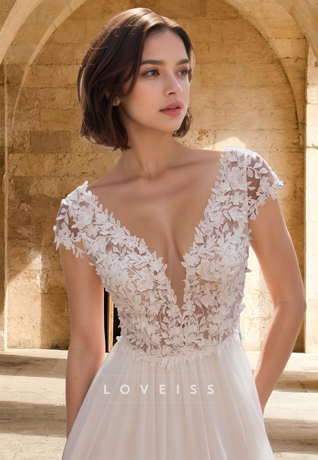 V-Neck Cap Sleeves Appliques Chiffon A-Line Beach Wedding Dress