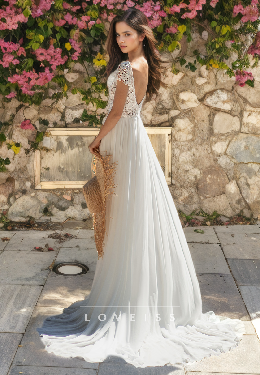 V-Neck Cap Sleeves Appliques Chiffon A-Line Beach Wedding Dress