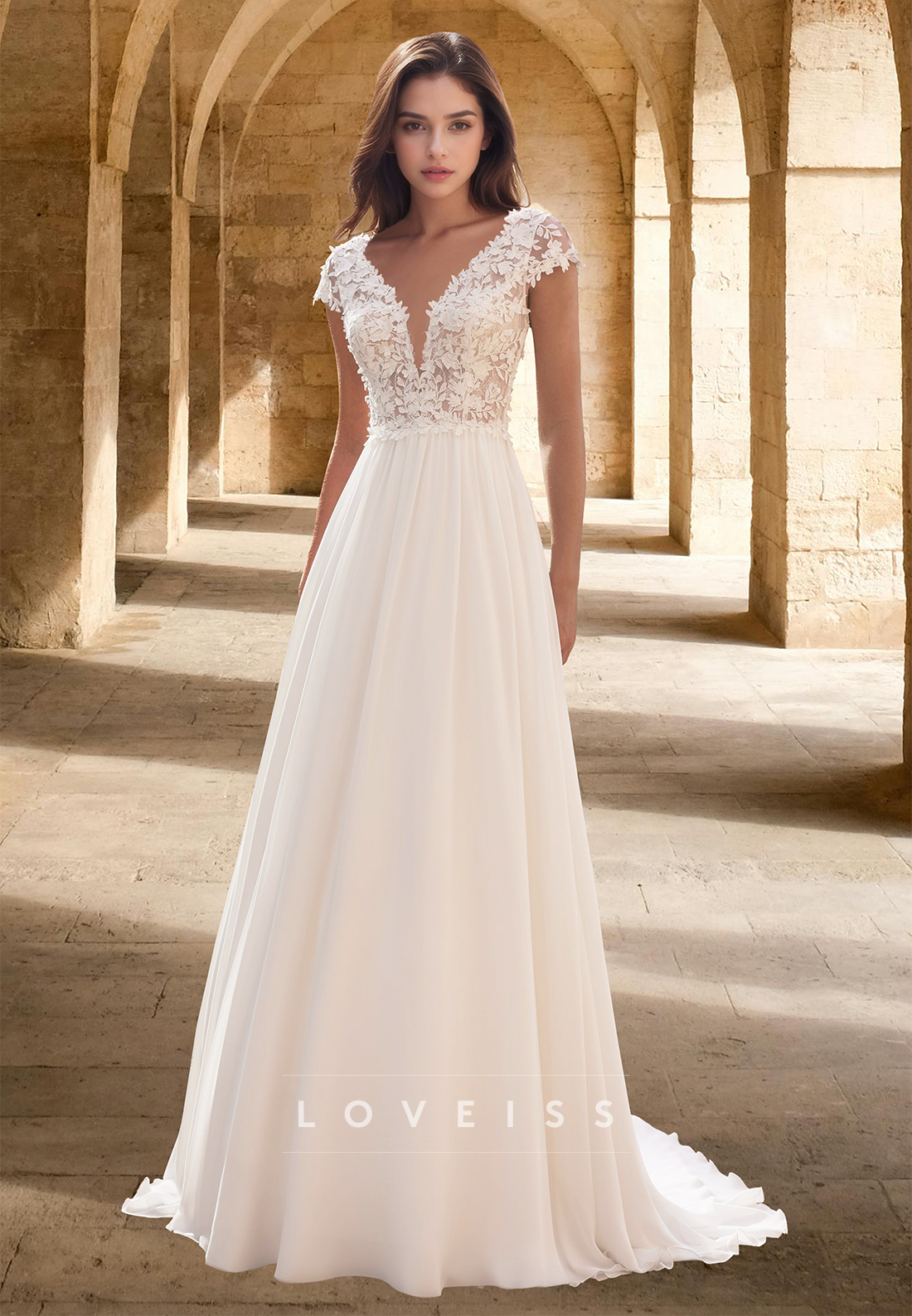 V-Neck Cap Sleeves Appliques Chiffon A-Line Beach Wedding Dress