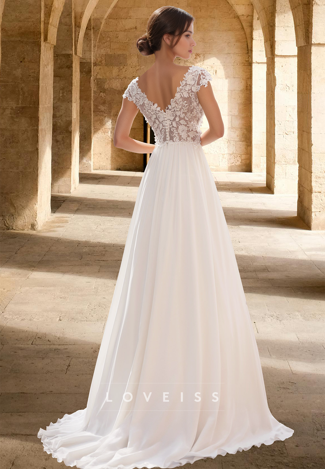 V-Neck Cap Sleeves Appliques Chiffon A-Line Beach Wedding Dress