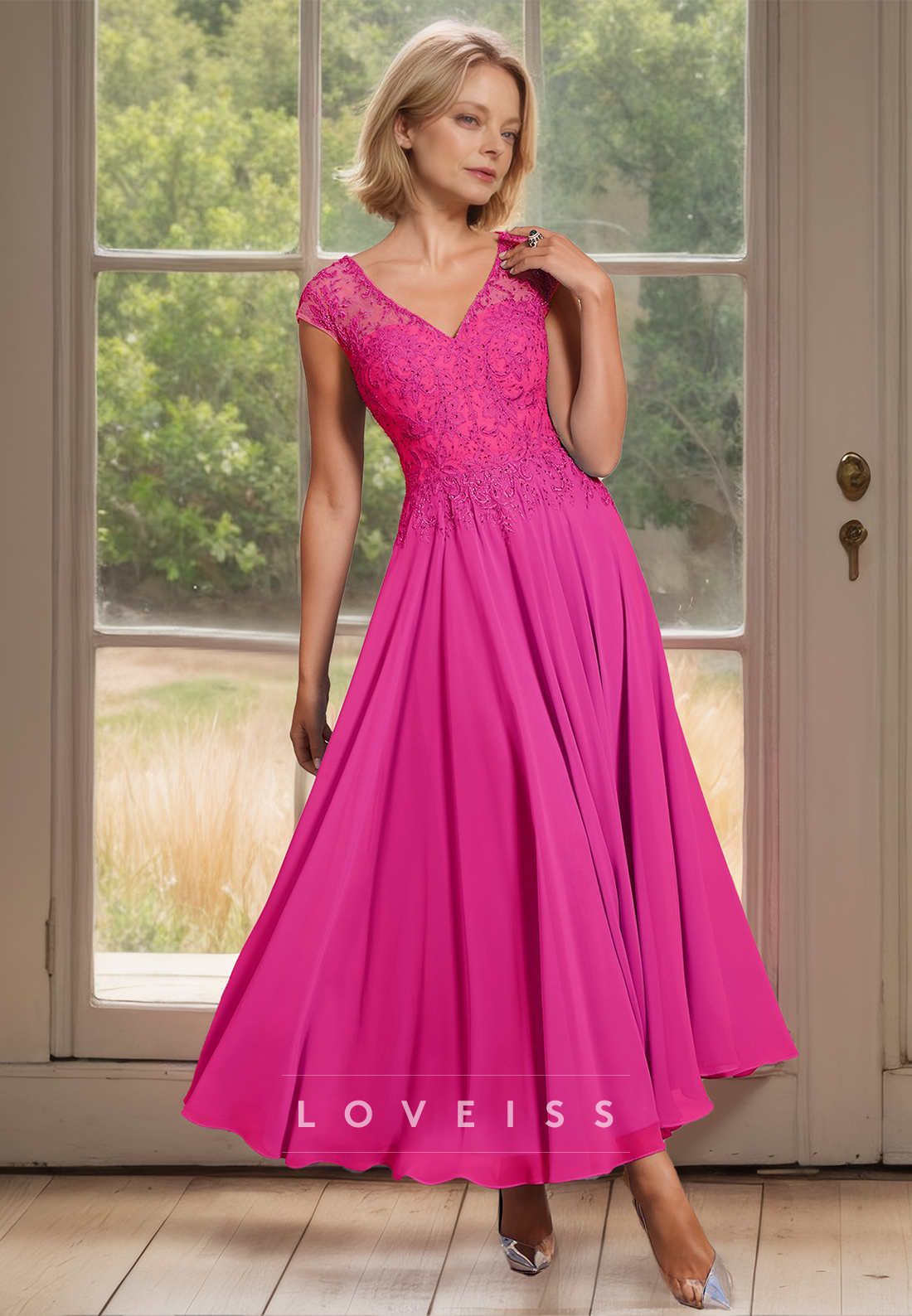 V-Neck Cap Sleeves Appliques Chiffon A-Line Mother of Bride Dress