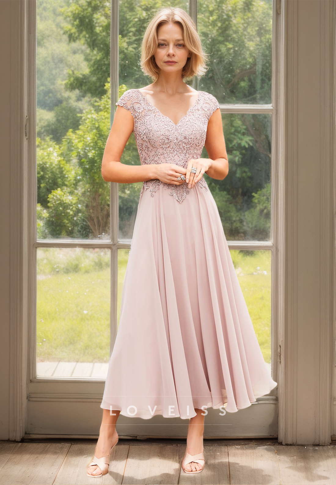 V-Neck Cap Sleeves Appliques Chiffon Pleated A-Line Mother of Bride Dress