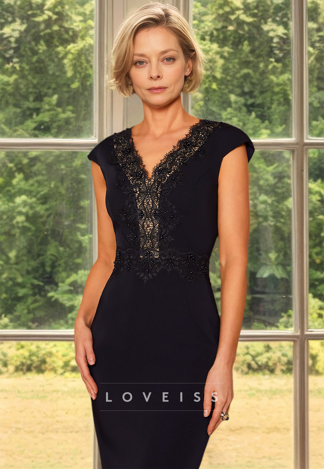 V-Neck Cap Sleeves Appliques Mermaid Two Piece Mother of Bride Dress