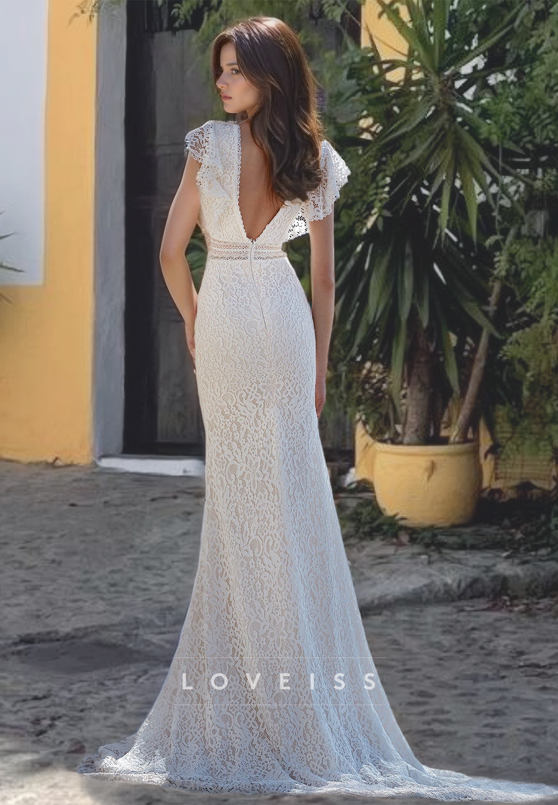 V-Neck Cap Sleeves Appliques Mermaid Wedding Dress