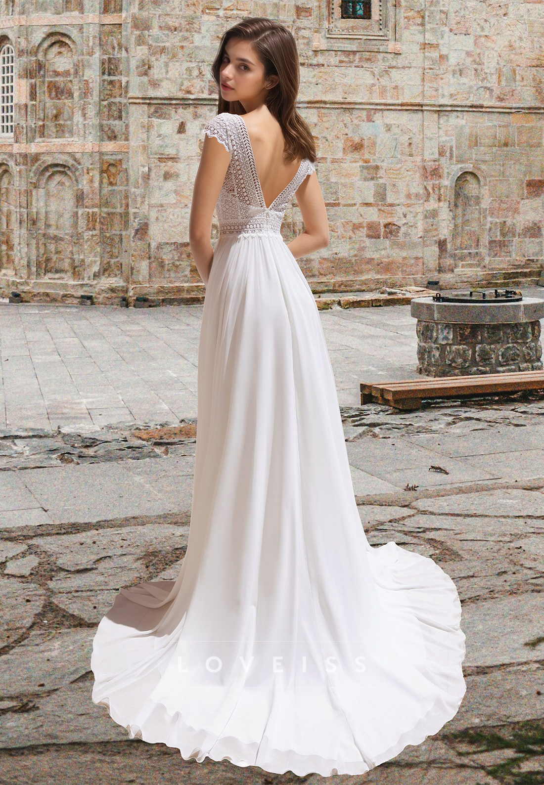 V-Neck Cap Sleeves Appliques Pleated Chiffon A-Line Boho Wedding Dress