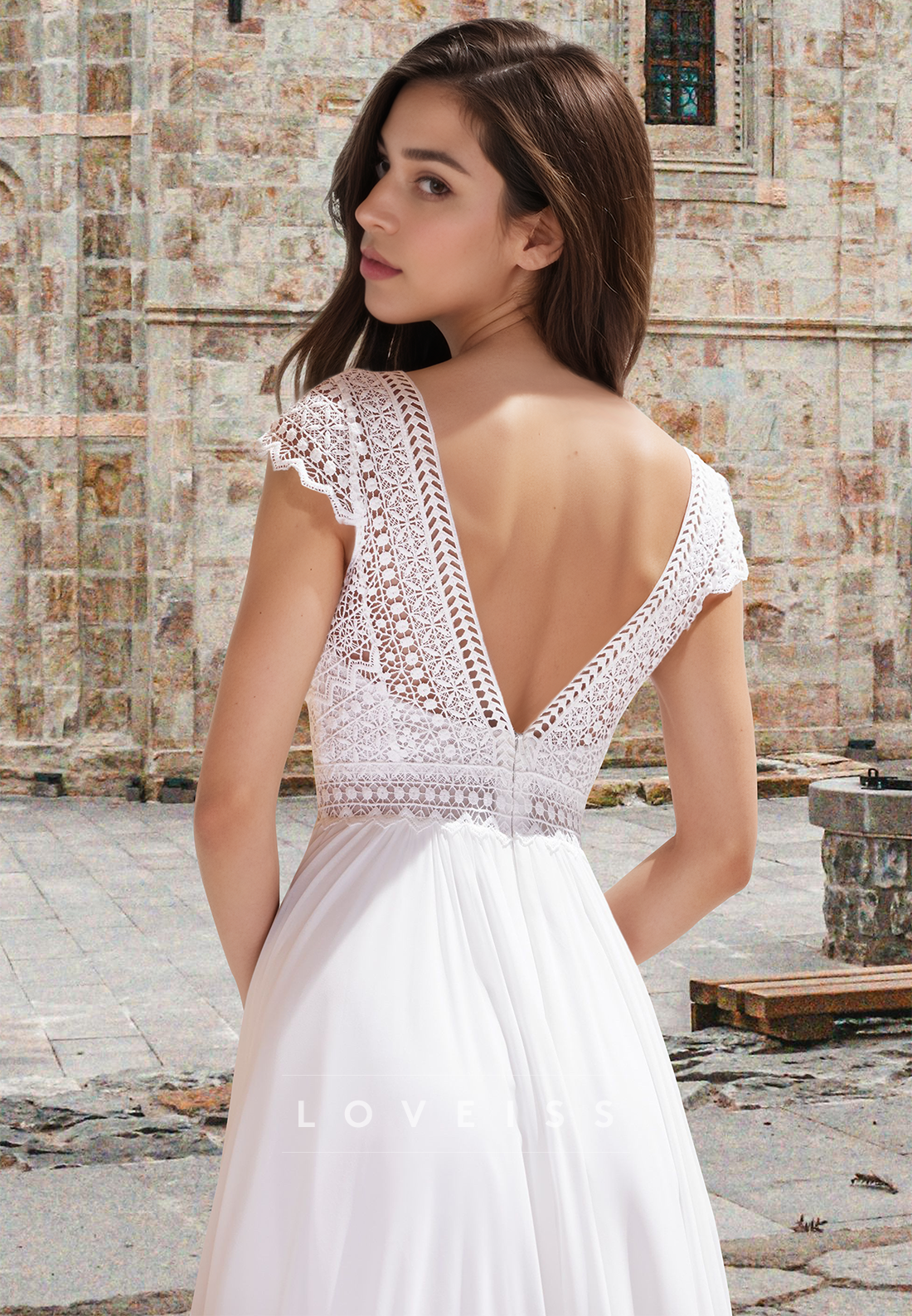 V-Neck Cap Sleeves Appliques Pleated Chiffon A-Line Boho Wedding Dress