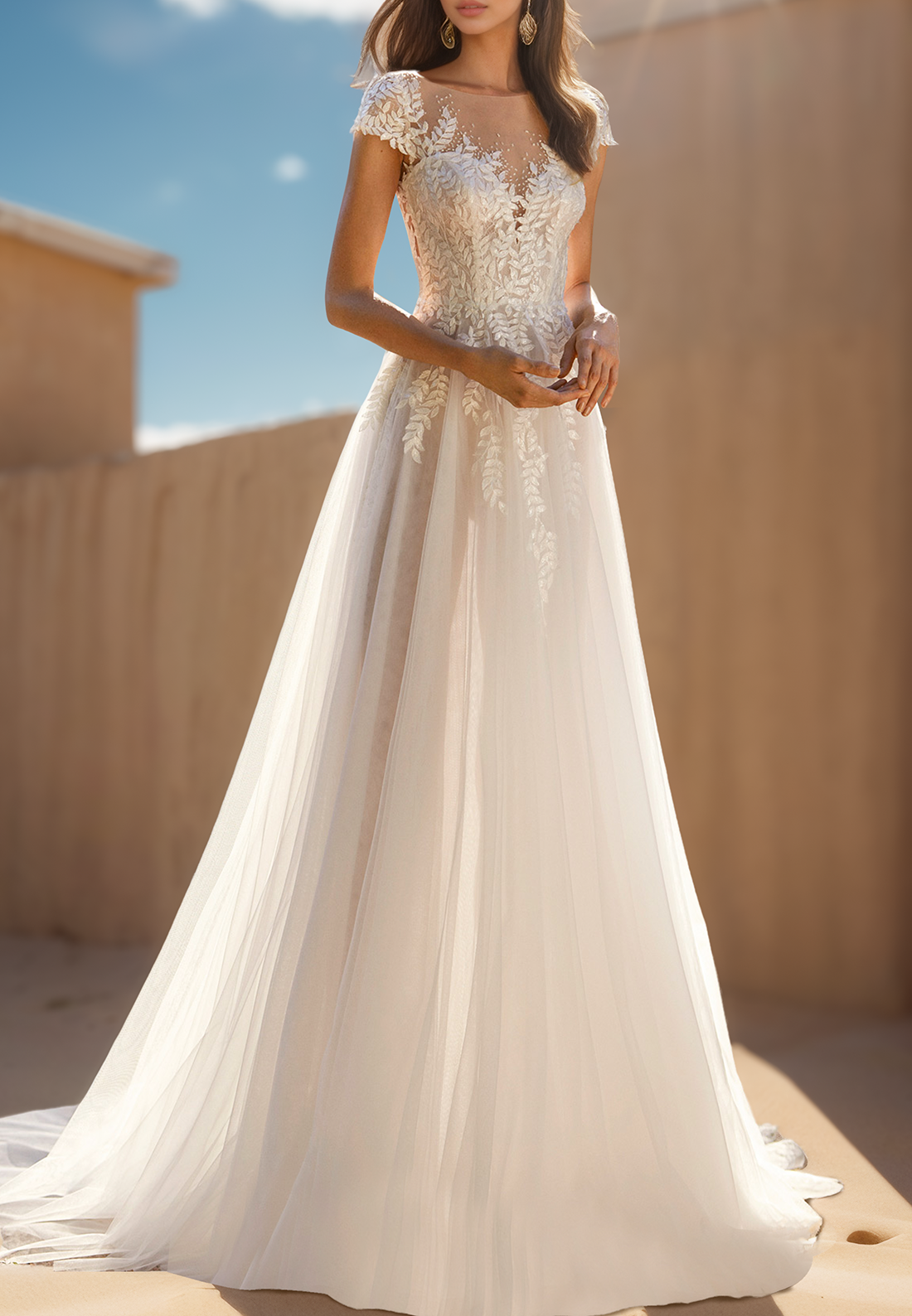 V-Neck Cap Sleeves Appliques Tulle A-Line Wedding Dress