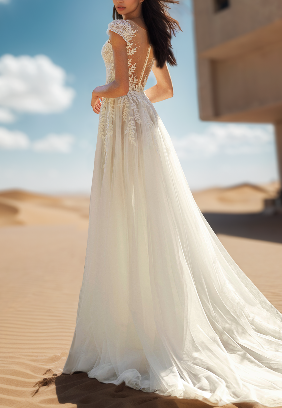 V-Neck Cap Sleeves Appliques Tulle A-Line Wedding Dress