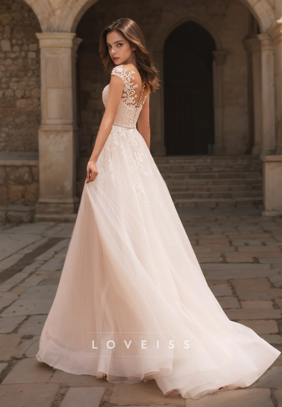 V-Neck Cap Sleeves Appliques Tulle A-Line Wedding Dress