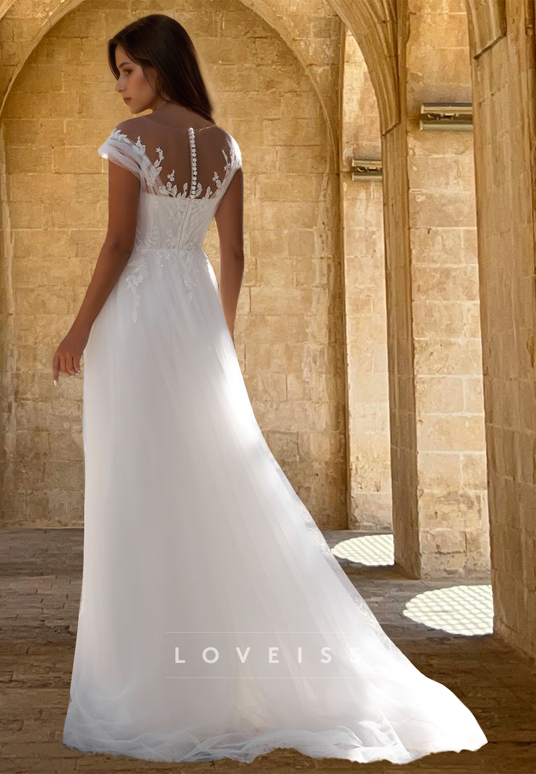 V-Neck Cap Sleeves Appliquess Tulle A-Line Wedding Dress