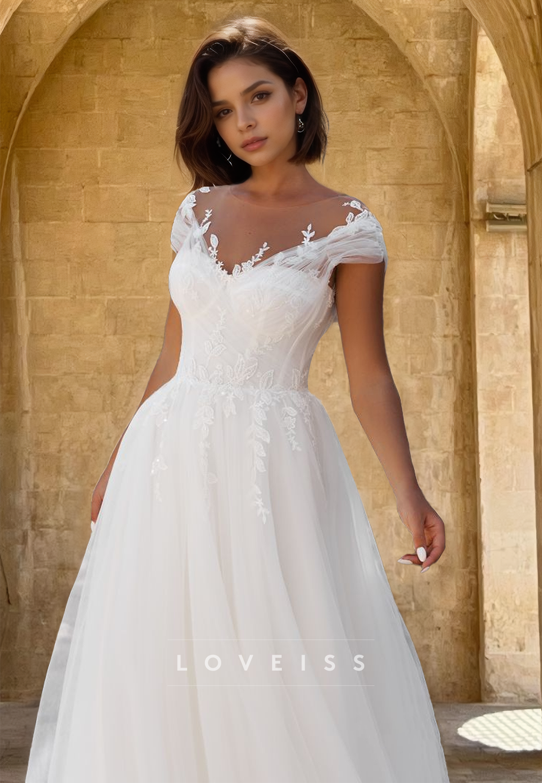 V-Neck Cap Sleeves Appliquess Tulle A-Line Wedding Dress