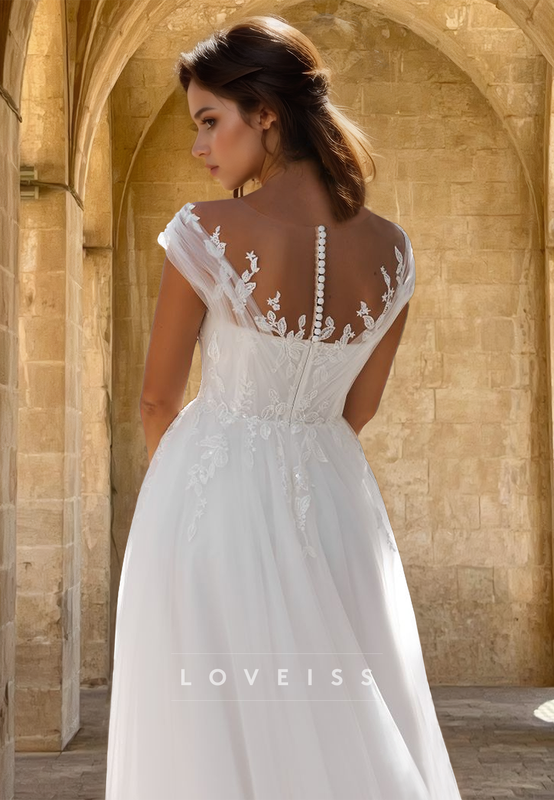 V-Neck Cap Sleeves Appliquess Tulle A-Line Wedding Dress
