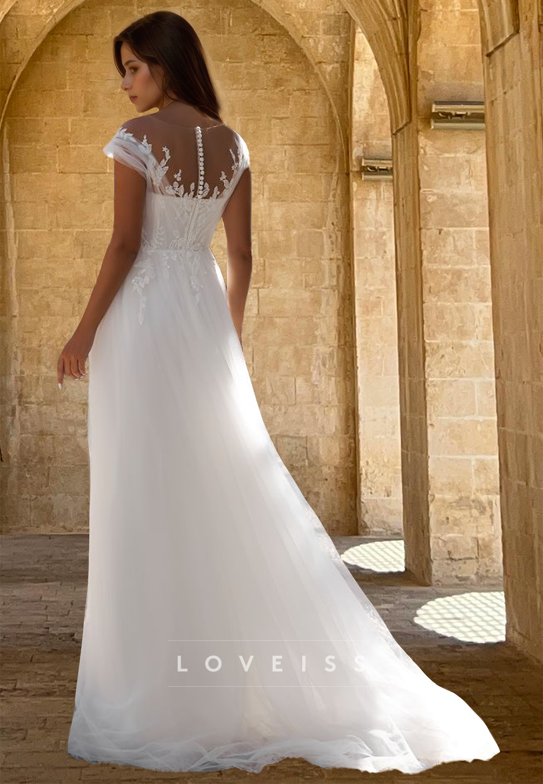 V-Neck Cap Sleeves Appliquess Tulle A-Line Wedding Dress