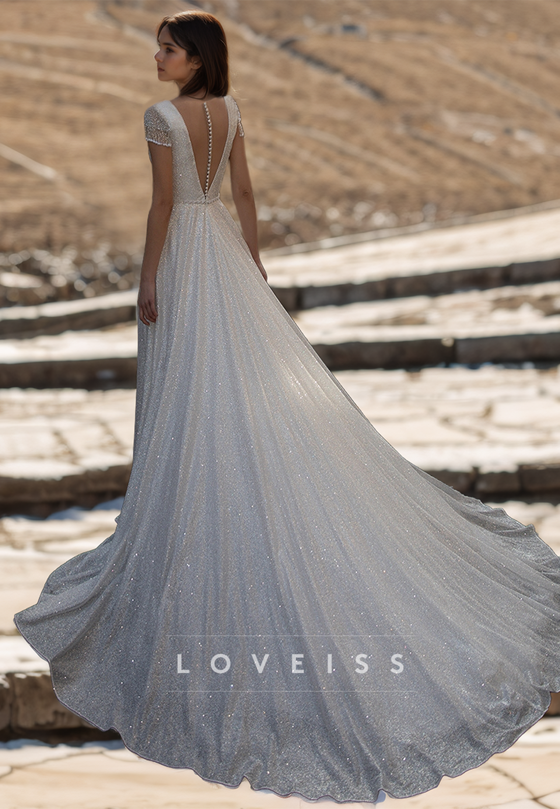 V-Neck Cap Sleeves Beaded Tulle A-Line Sparkly Wedding Dress