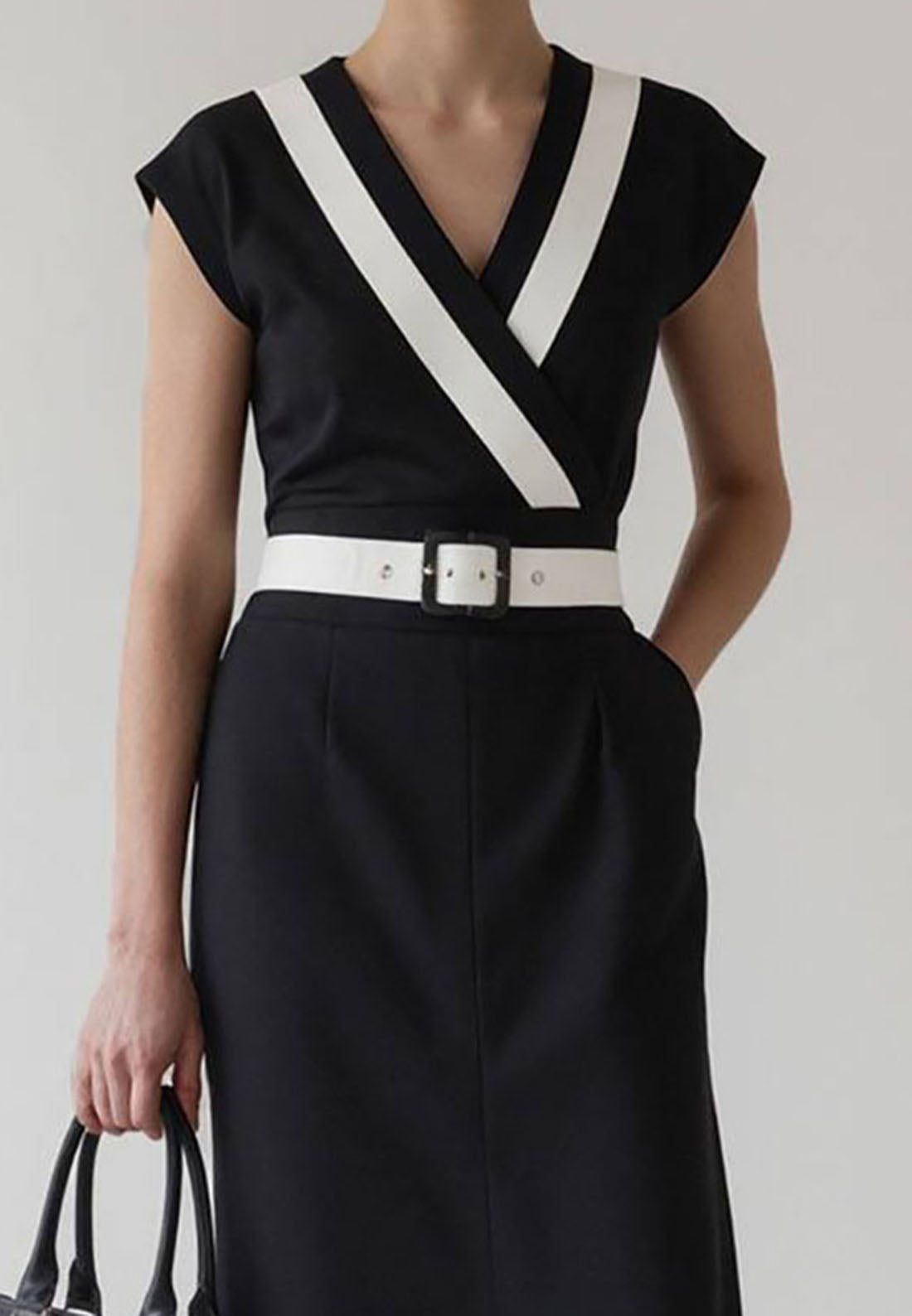 V-Neck Cap Sleeves Belted Work Bussiness Midi Dres