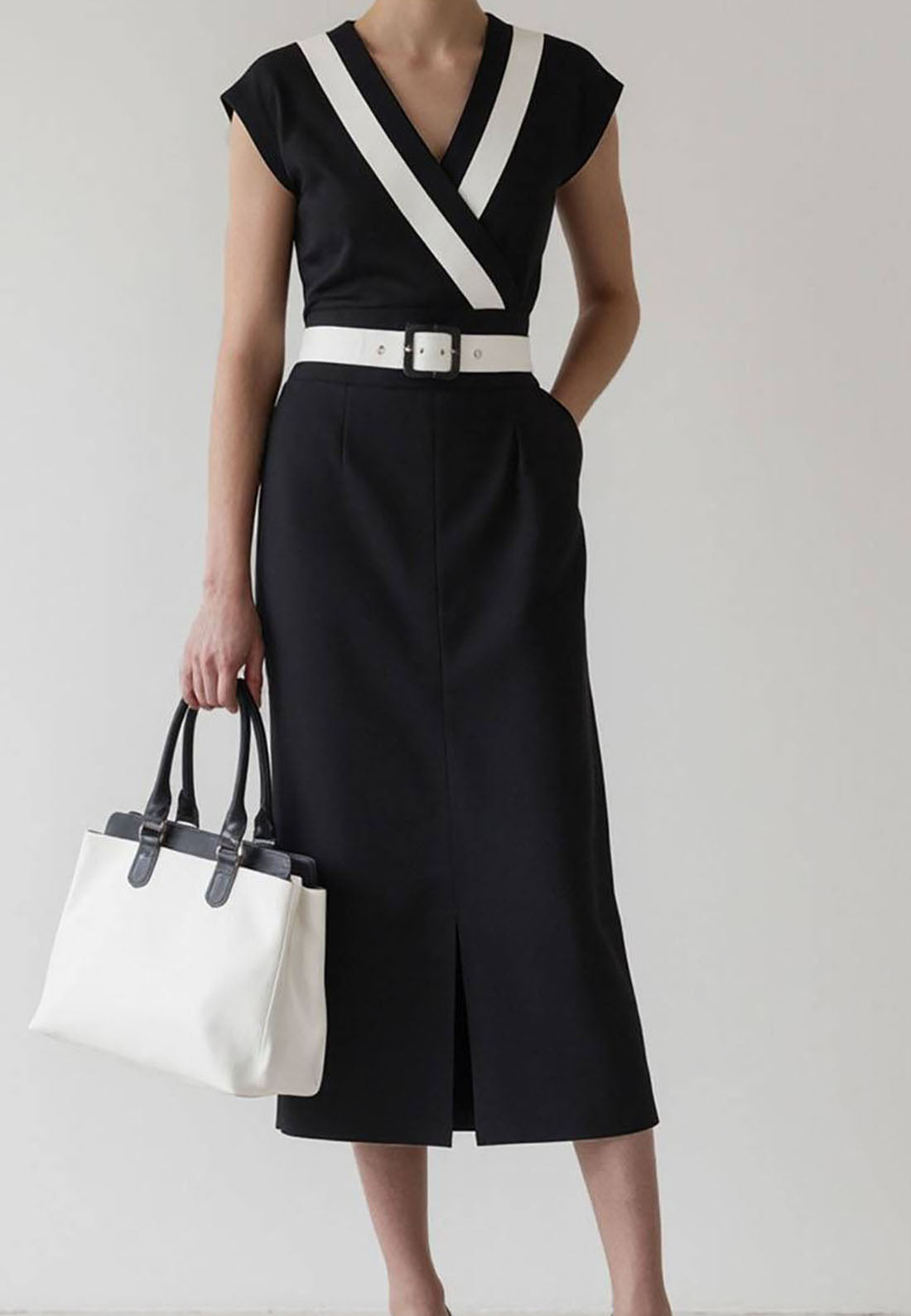 V-Neck Cap Sleeves Belted Work Bussiness Midi Dres
