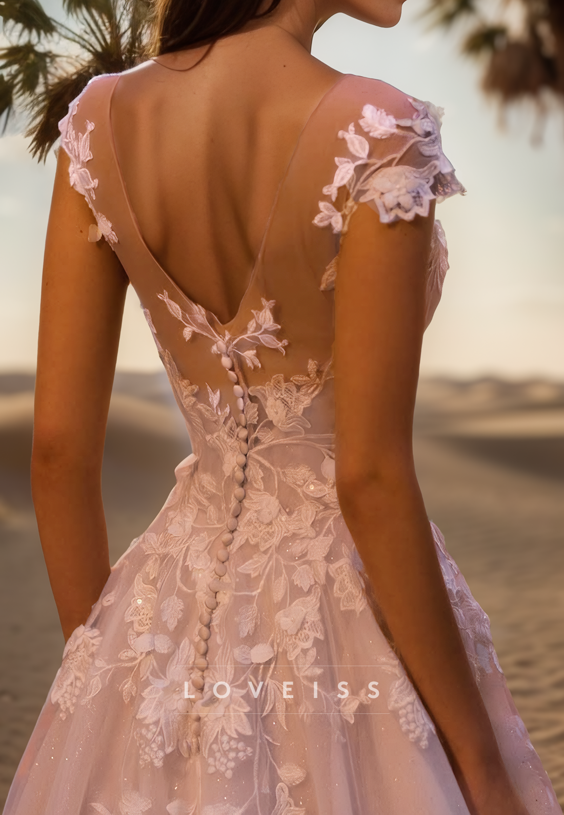 V-Neck Cap Sleeves Floral Appliques Ball Gown Wedding Dress