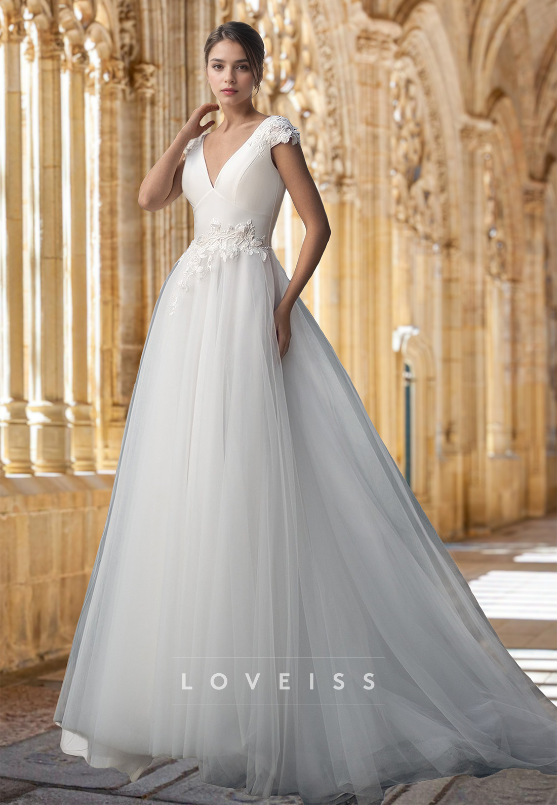 lace ball gown wedding dress with cap sleeves Catherine Cap Sleeve Lace Ball Gown 8 / Off White