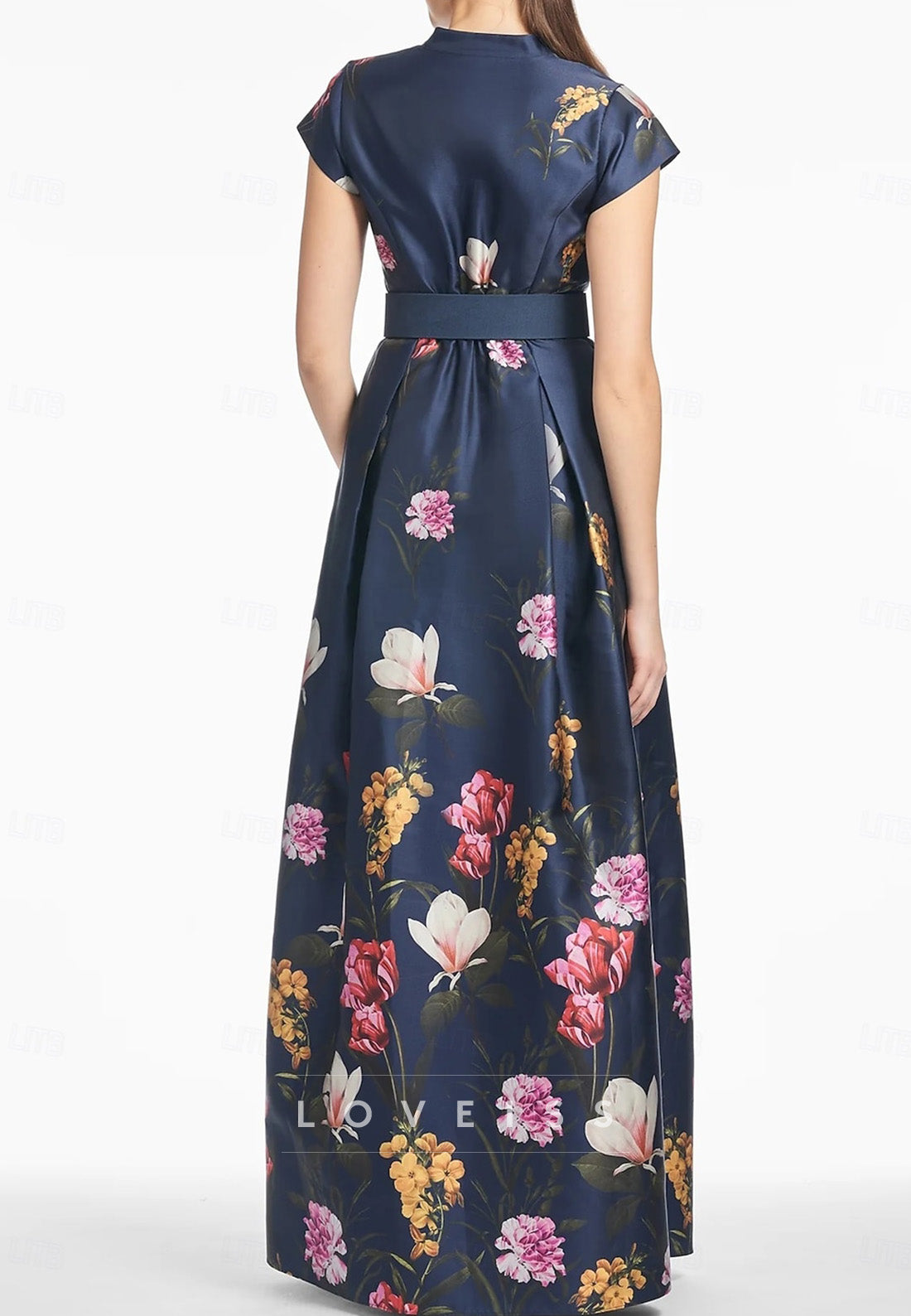V-Neck Cap Sleeves Floral Printed A-Line Mother of Bride Dress