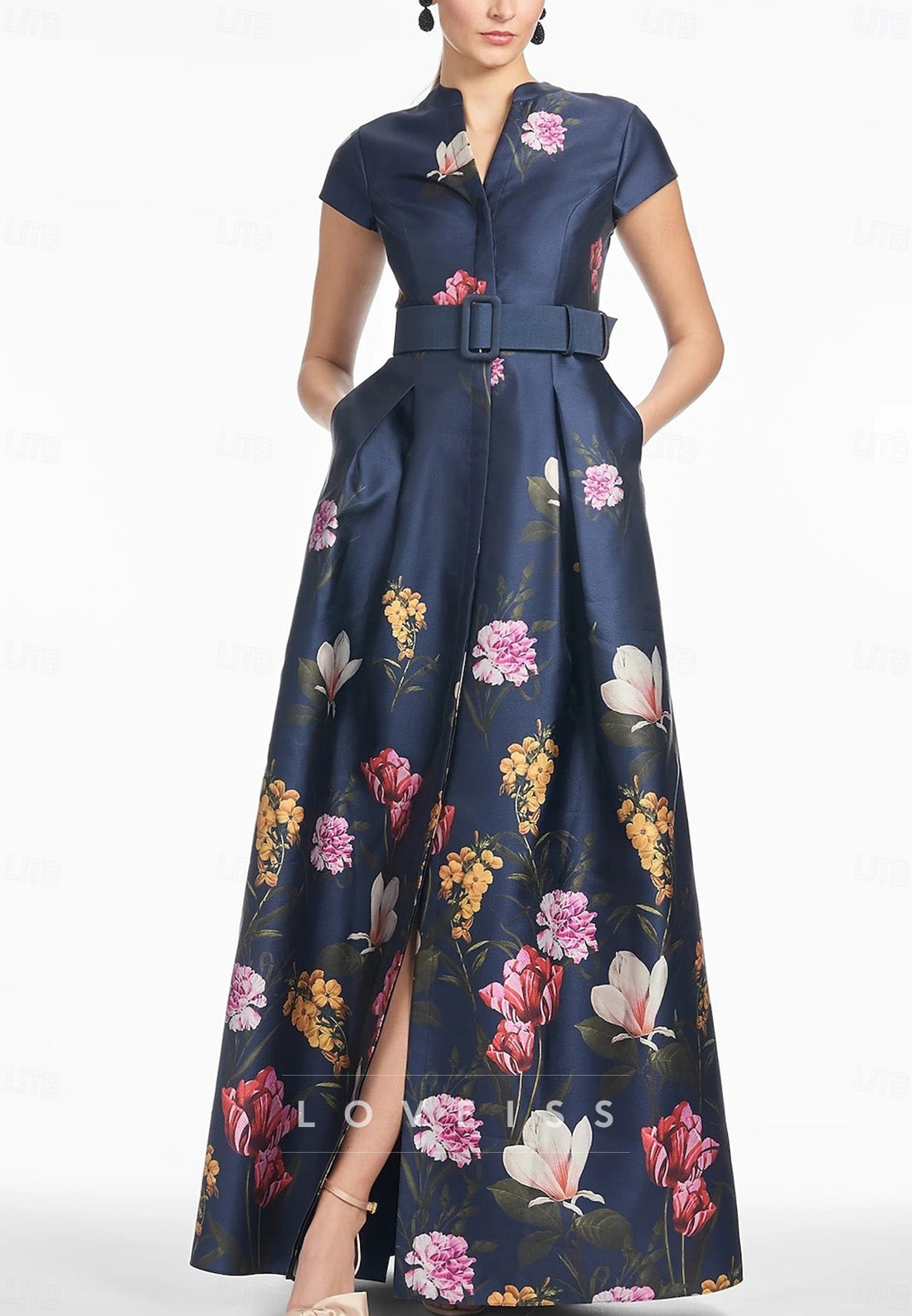 V-Neck Cap Sleeves Floral Printed A-Line Mother of Bride Dress