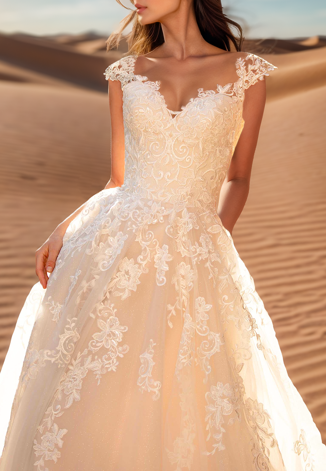 V-Neck Cap Sleeves Lace Appliques A-Line Wedding Dress