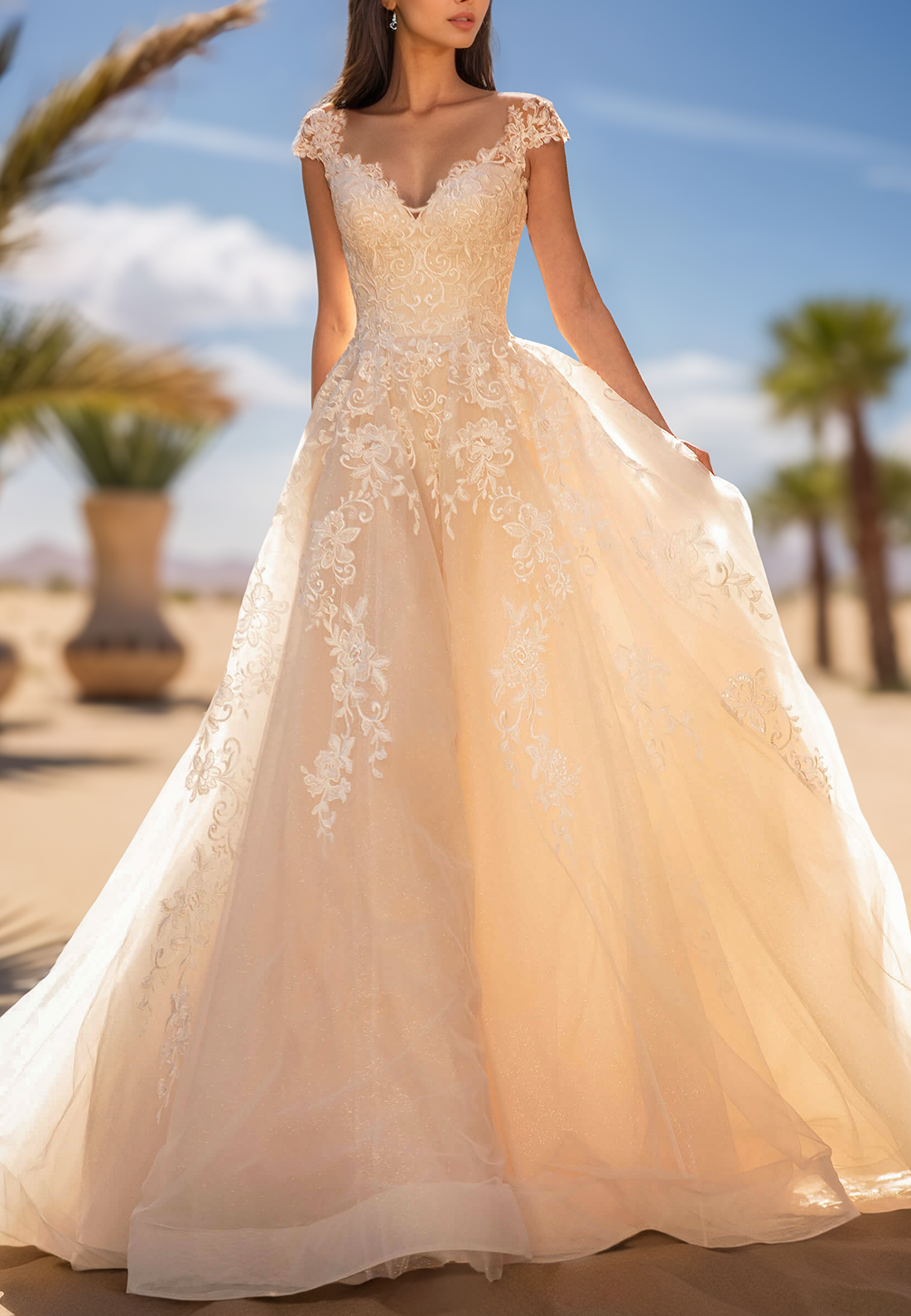 V-Neck Cap Sleeves Lace Appliques A-Line Wedding Dress