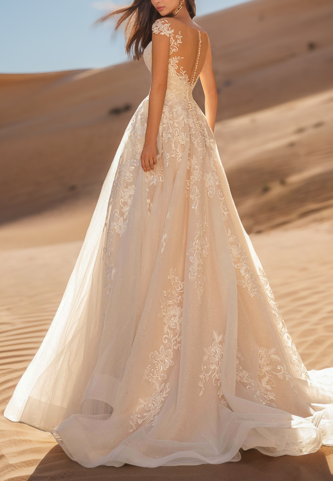 V-Neck Cap Sleeves Lace Appliques A-Line Wedding Dress