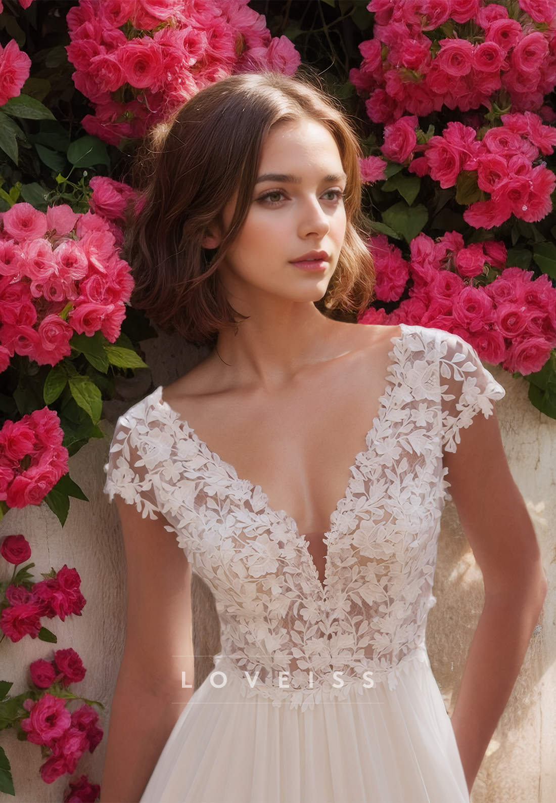 V-Neck Cap Sleeves Lace Appliques Pleated A-Line Beach Wedding Dress