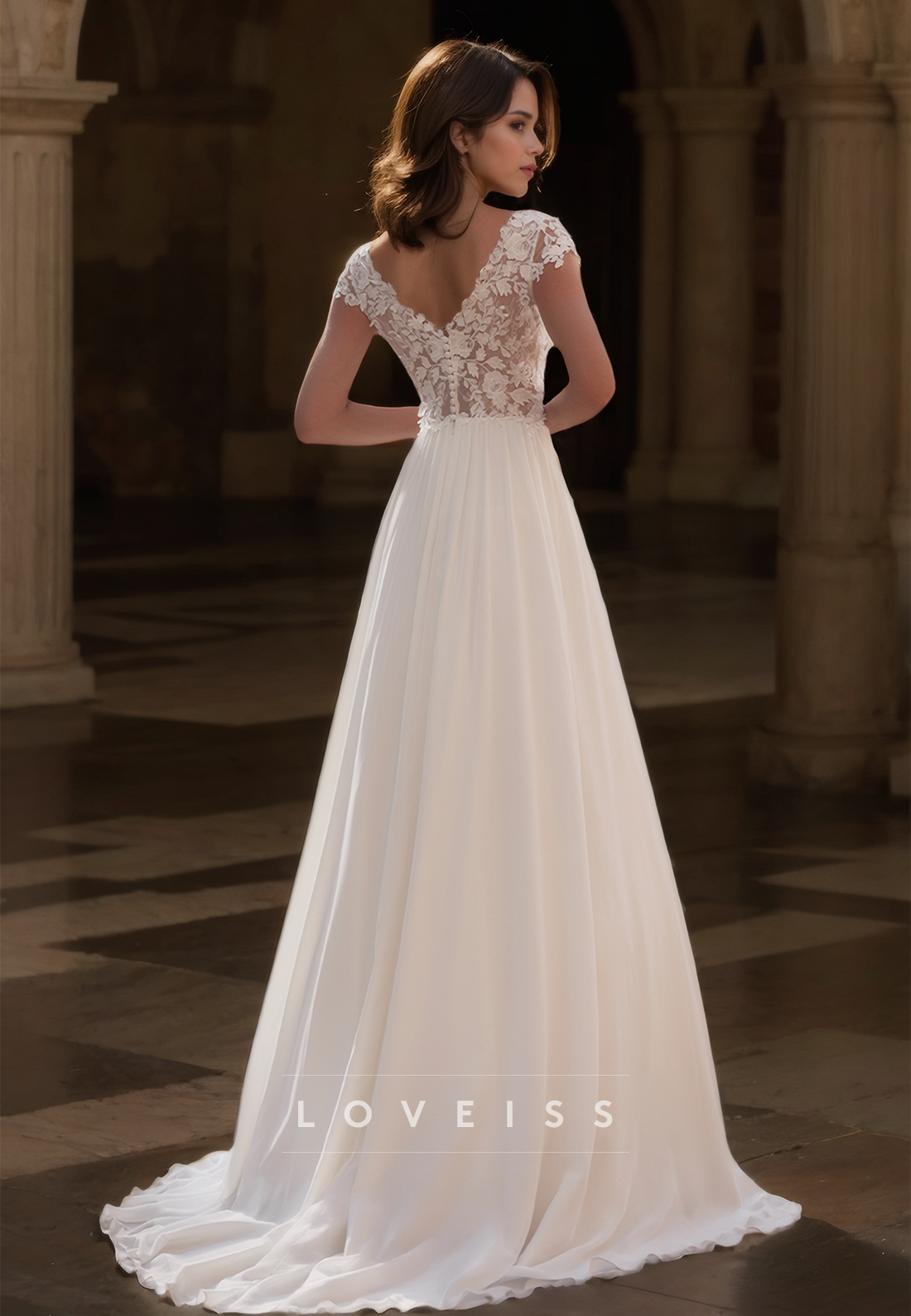 V-Neck Cap Sleeves Lace Appliques Pleated A-Line Beach Wedding Dress