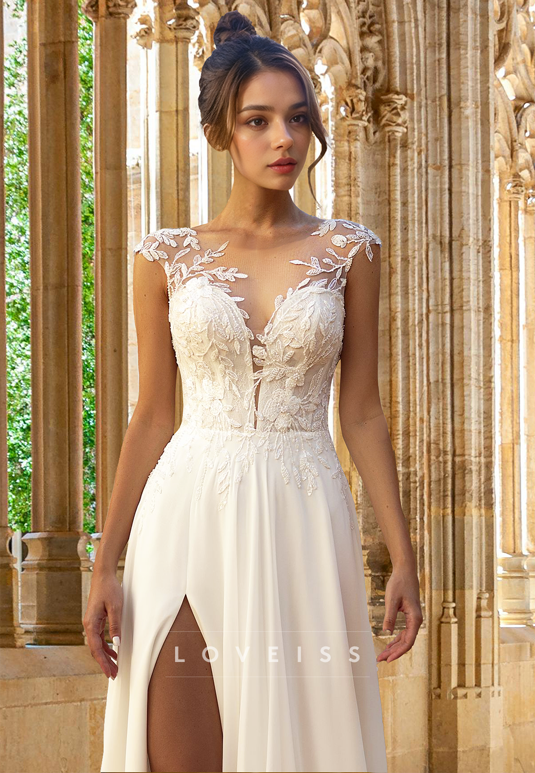 V-Neck Cap Sleeves Lace Appliques Side Slit A-Line Wedding Dress