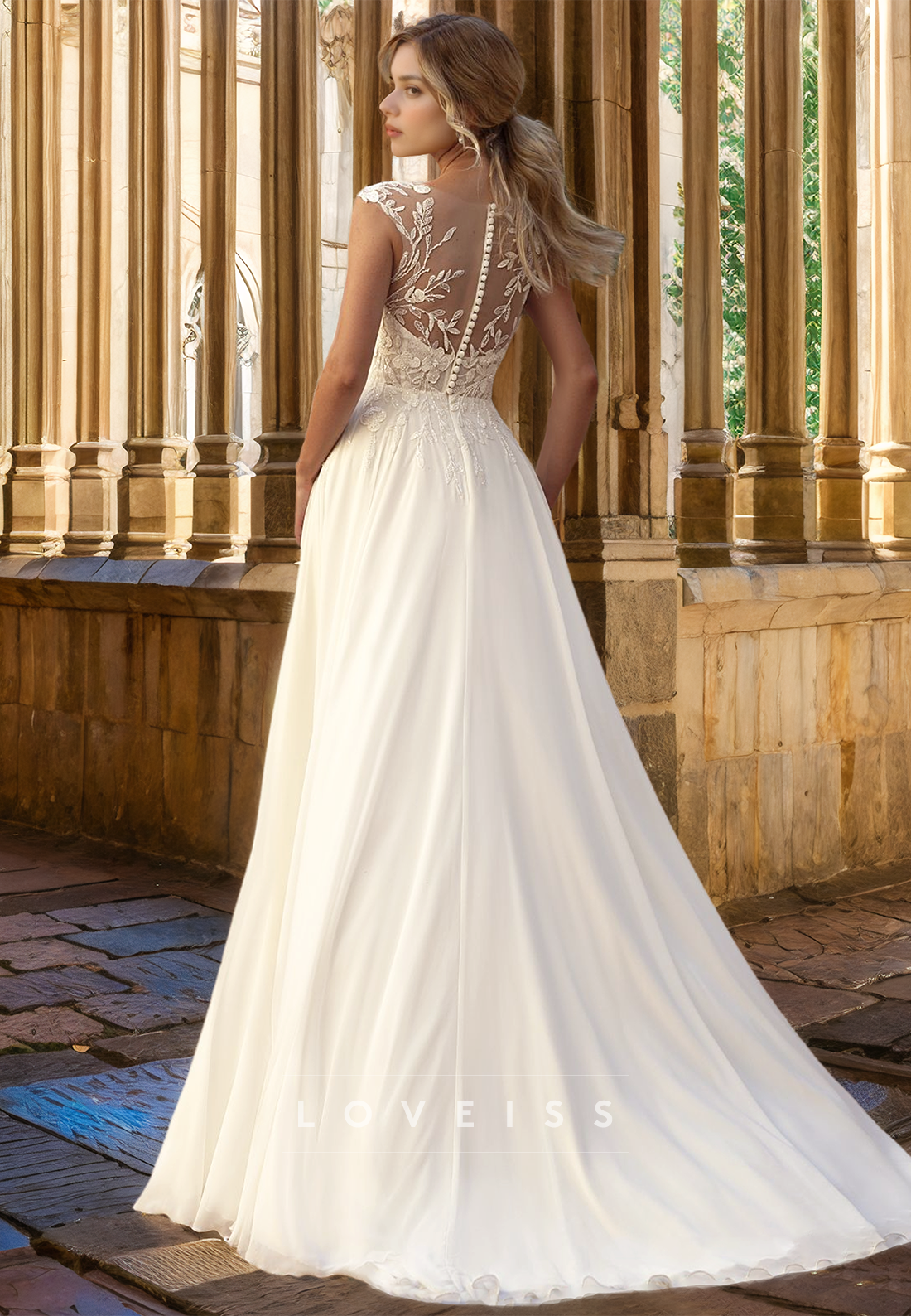 V-Neck Cap Sleeves Lace Appliques Side Slit A-Line Wedding Dress