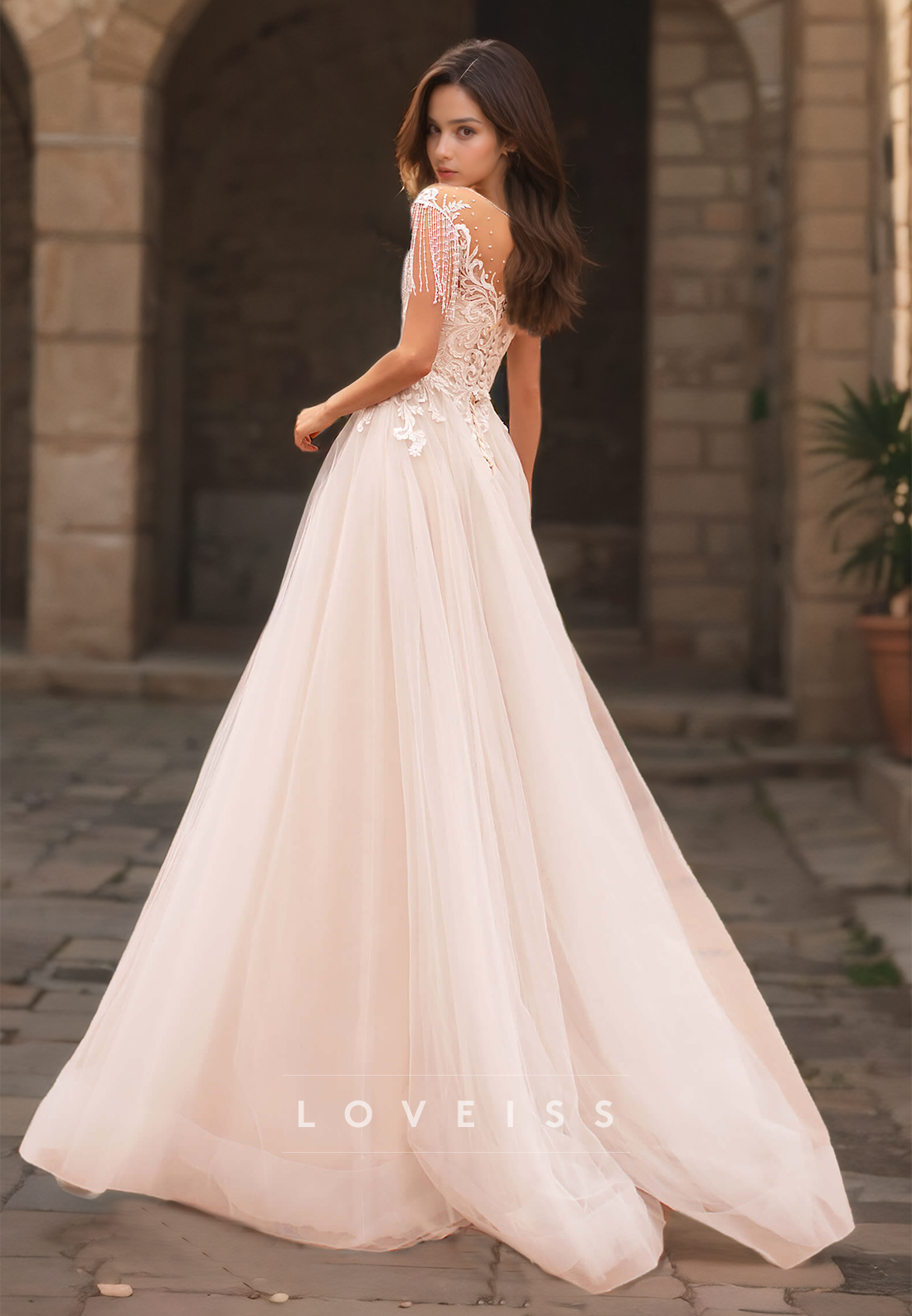 V-Neck Cap Sleeves Lace Appliques Tulle A-Line Wedding Dress