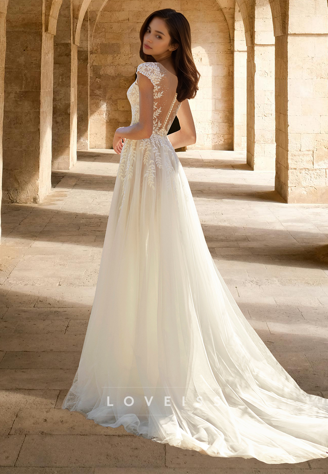 V-Neck Cap Sleeves Lace Appliquess Tulle A-Line Wedding Dress