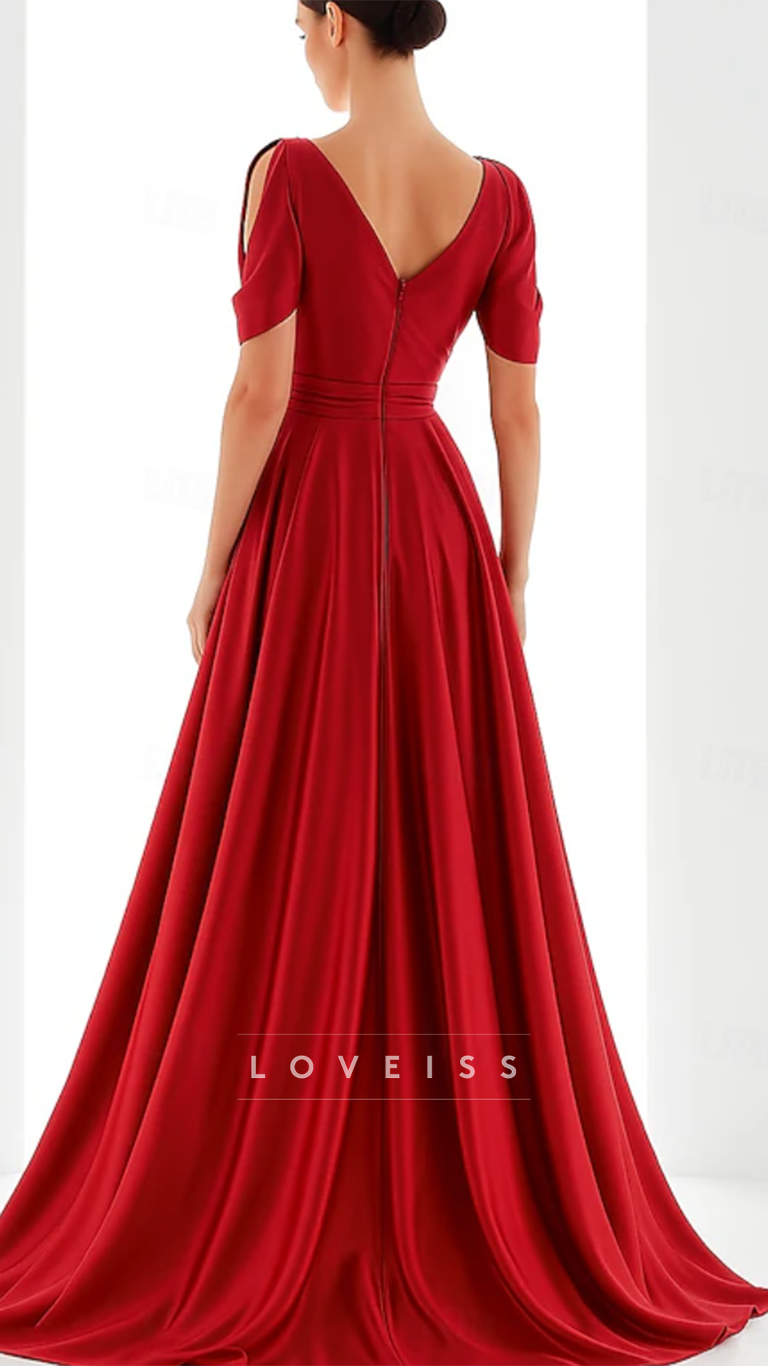 V-Neck Cap Sleeves Pleated A-Line Mother of Bride Dress
