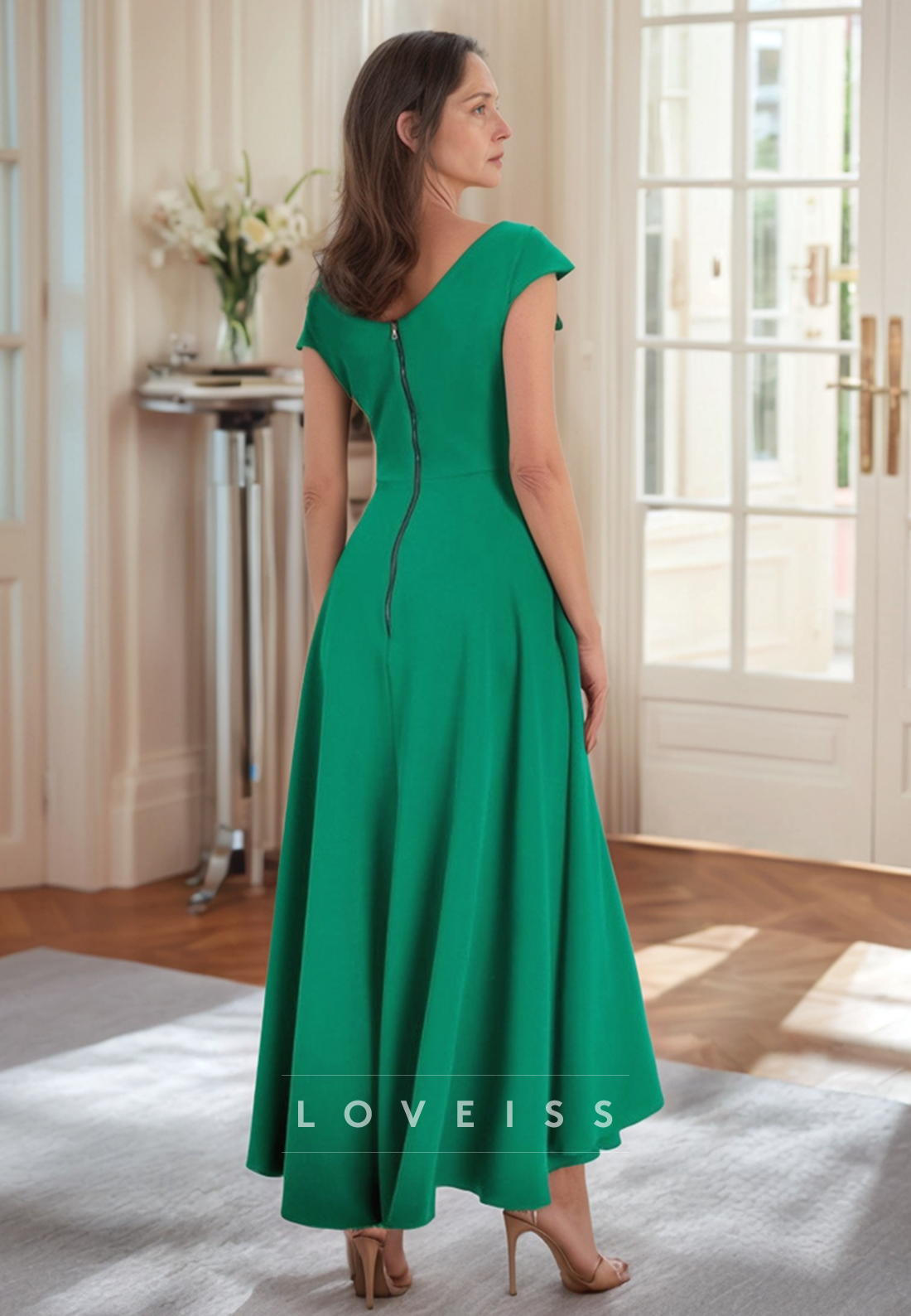 V-Neck Cap Sleeves Pleated A-Line Mother of Bride Dress
