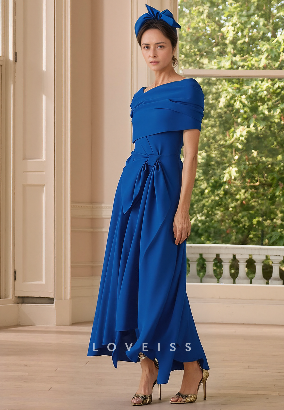 V-Neck Cap Sleeves Pleated A-Line Mother of Bride Dress