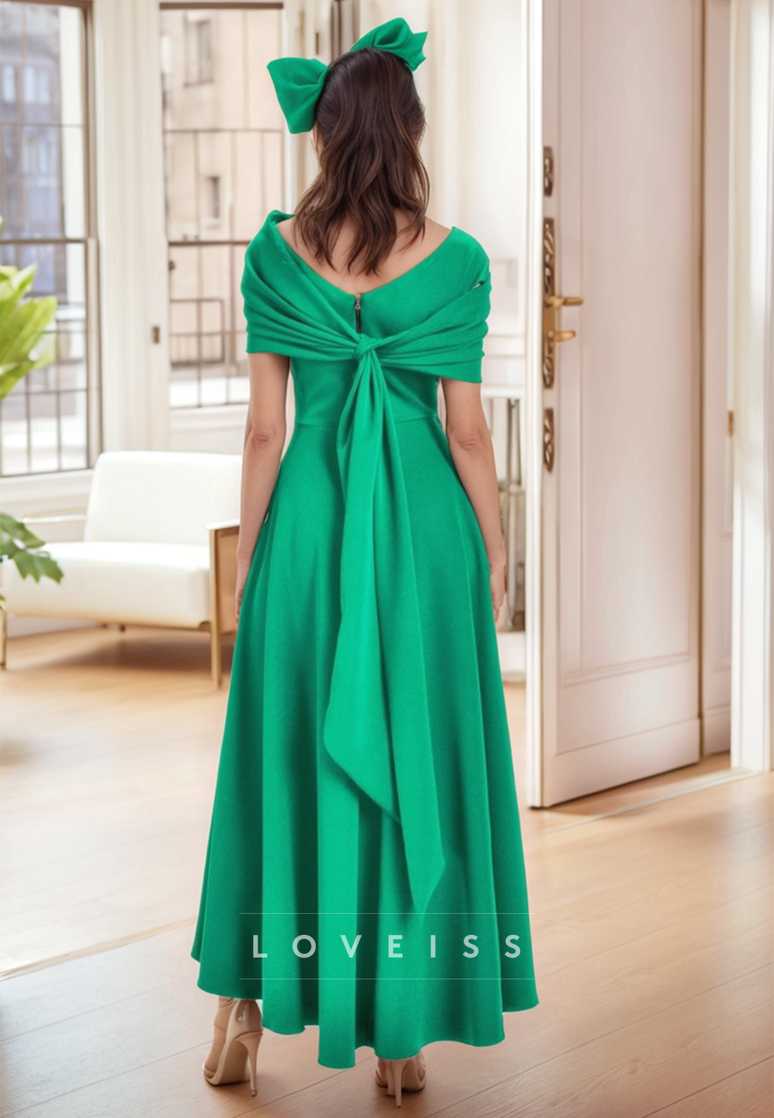 V-Neck Cap Sleeves Pleated A-Line Mother of Bride Dress