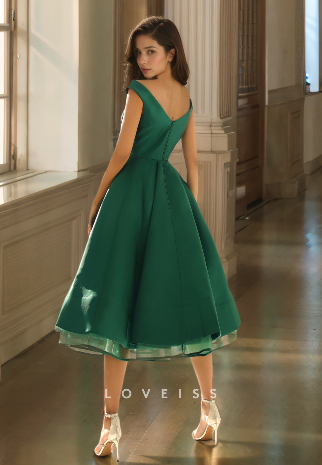 V-Neck Cap Sleeves Pleated Satin A-Line Prom Dress