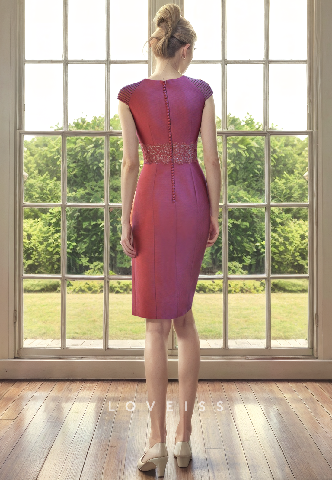 V-Neck Cap Sleeves Rufflede Sheath Sleek Satin Mother of Bride Dress Cocktail Dress