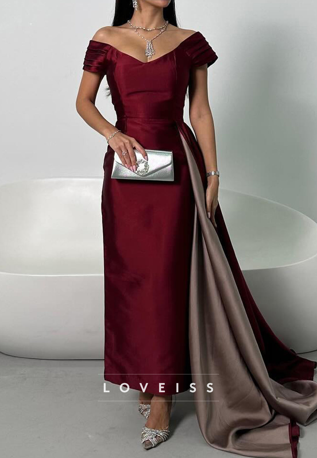 V-Neck Cap Sleeves Satin Sheath Evening Dress