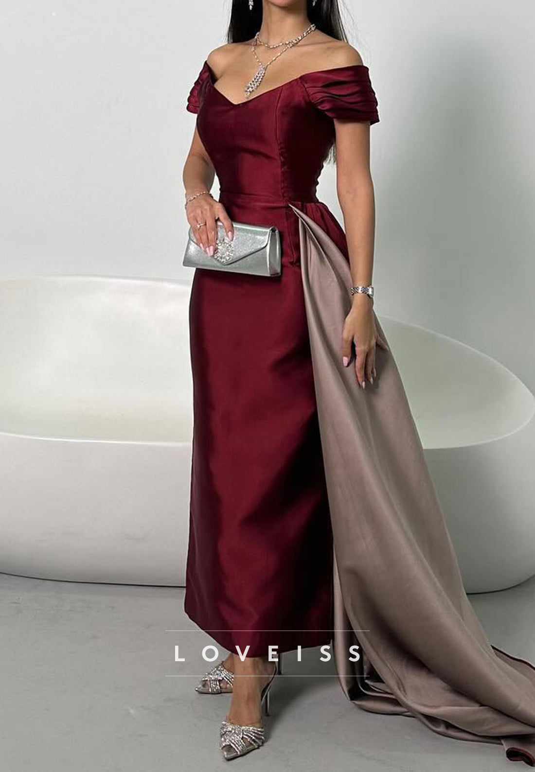 V-Neck Cap Sleeves Satin Sheath Evening Dress